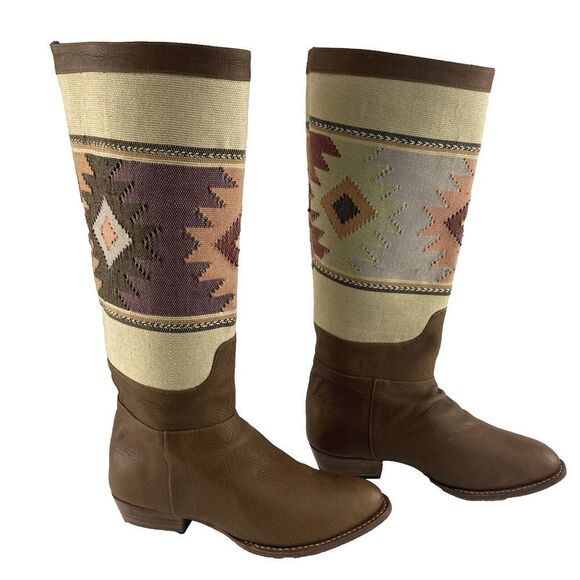 Uxibal Brown Guatemalan Leather Hand Woven Fabric Tall Boots Womens‎ Sz 8.5 - Picture 1 of 10